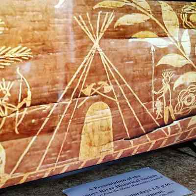 Ancestral Passamaquoddy Forest Dwellers: Etching of ancestral Passamaquoddy forest dwellers on birchbark by Tomah Joseph, in an image from the film "N'tolonapemk: Our Relative's Place",  used with permission from Donald Soctomah and the Tribal Preservation Office.