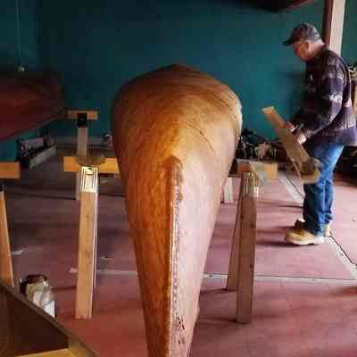Passamaquoddy Canoe displayed by Donald Soctomah: End view of the birchbark canoe made by Steve Cayard and David Moses Bridges for Passamaquoddy historian Donald Soctomah, at the Wabanaki Museum in Indian Township, Maine.