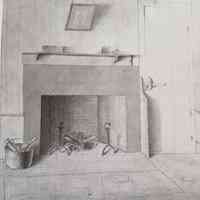          Thomas Lincoln's drawing of the fireplace wall in a bedroom of the Lincoln House ell, Dennysville, Maine, c. 1824; The view of the back bedroom fireplace wall is believed to be Thomas Lincoln's, with andirons and fireplace materials, and few objects above the mantle shelf.
   