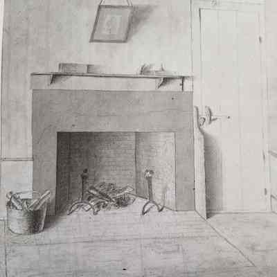 Thomas Lincoln's drawing of the fireplace wall in a bedroom of the Lincoln House ell, Dennysville, Maine, c. 1824: The view of the back bedroom fireplace wall is believed to be Thomas Lincoln's, with andirons and fireplace materials, and few objects above the mantle shelf.