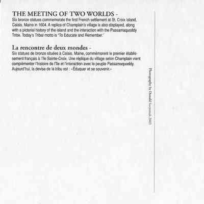 Postcard text on "A meeting of Two worlds," Saint Croix Island Historic Site: Verso image