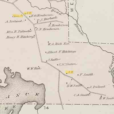 Two Schoolhouses and Cemetery on the East Ridge Road, in Cooper, Maine: Detail of the East Ridge Road in Cooper, Maine, showing the schoolhouse and cemetery located at the Crowe Road, and a second schoolhouse below the Cove Road, from the Colby Atlas of Washington County, Maine in 1881.