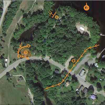 Diagram for the removal of the power plant on the Dennys River at Meddybemps, Maine: Aerial view for removing the power plant, at 2, 3, and 4, on the Dennys River in Meddybemps, Maine by the Atlantic Salmon Commission in 2019.  1. marks the site of the dam and fishway on Meddybemps Lake and 5, shows the direction of the flow down the canal form the lake to the River, bypassing the old power house and fishway.