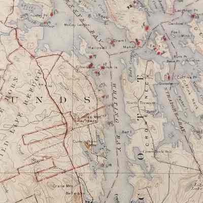 Dennys Bay with the South Edmunds Road, and the Knapton's house at penciled number 11.: Red marks on this U.S.G.S. map were added by Harvard archeologist Ted Stoddard to indicate places to which he was guided by the Knapton brothers during the North East Archeological Survey in the summer of 1949.
