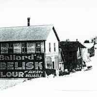          Walter Dodge's Store, Dennysville, Maine; Beyond the store building, can be seen the front of George Brown's blacksmith shop, Kilby's Store, John Allan's livery stable up to Vose's store on the crest of Store Hill.
   