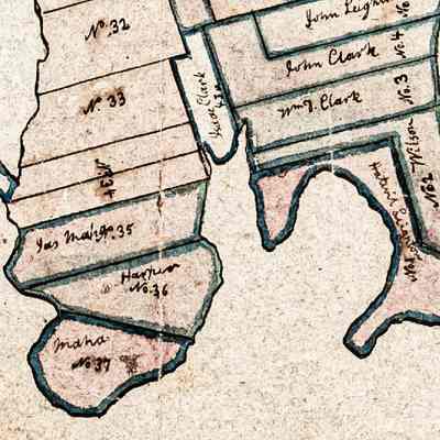 Early Settlers on Mahar's Point and Leightons Point, Map of Township No. 2, detail, c. 1805