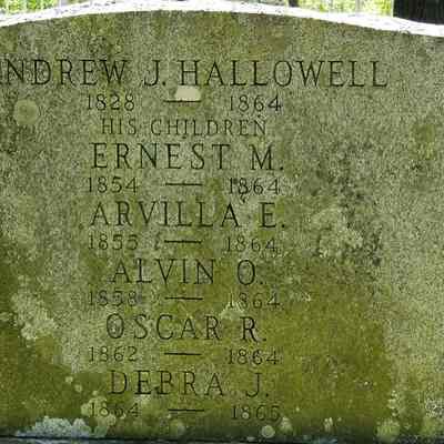 Reverse side of the Hallowell family stone.: Reverse side of the Hallowell family stone records the deaths of Andrew J. Hallowell and five of his children during the years 1864 and 1865, their ages ranging from one to ten years old.