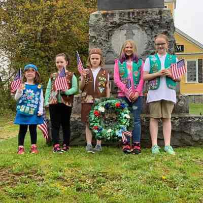 Girl Scouts honoring the fallen in front of the Soldier's Monument on Memorial Day, 2019.: Photograph by Coleen Smith