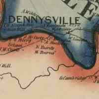          Detail of the Dennys River on an 1861 map of Washington County, Maine.; T.W. Alland and Son's sawmill was located towards the end of the Milwaukee Road in Dennysville, running beside the Dennys River.
   