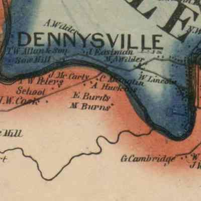 Detail of the Dennys River on an 1861 map of Washington County, Maine.: T.W. Alland and Son's sawmill was located towards the end of the Milwaukee Road in Dennysville, running beside the Dennys River.