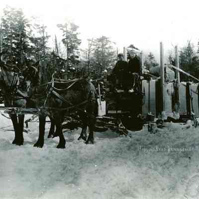 Higgins Brothers Water Cart, c. 1922: Water Cart drawn by blue roans, driven by Ralph Hobart with unidentified helper, sprinkled water to ice the logging rods and create a smooth surface for the teams hauling wood.