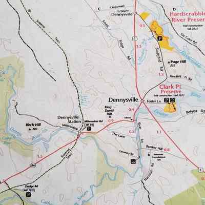 Wildlife Management Areas and Land Preserves in Dennysville and Edmunds, Maine: Detail of a maps of the Cobscook Bay area showing trails on Federal, Sate and local conservation land, on amp prepared the Cobscook Shores Foundation in 2002.