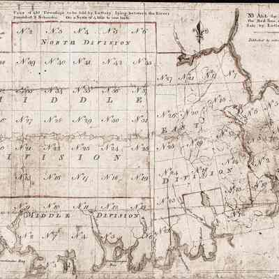 Lottery Map, 50 Townships in Eastern Maine, 1786: A scaled map of 50 Townships for sale by lottery between the Penobscot and Schoodic Rivers in Eastern Maine, created by Rufus Putnam and published by the Committee for the Sale Eastern Lands of the Massachusetts legislature (General Court) in 1786.