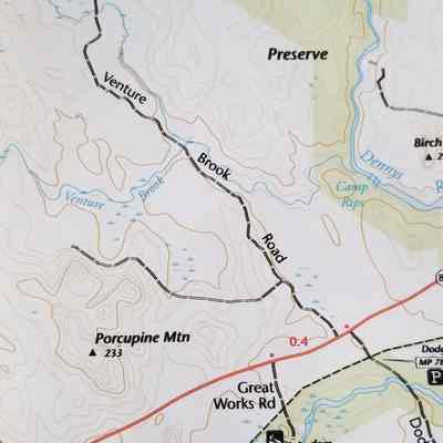 Venture Brook Road, Edmunds, Maine: The Venture Brook logging road used to access the lumber camps along the Dennys river in a trail map prepared by Cobscook Shores in 2022.