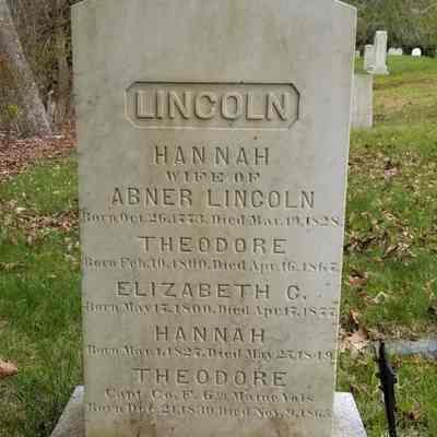Lincoln Family gravestone in the Dennysville Town Cemetery.: Gravestone with an inscription for Hannah Lincoln, daughter of General Benjamin and Mary (Cushing) Lincoln, and wife of (her cousin) Abner Lincoln, and other family members.  In the same lot is the gravestone of her brother Theodore, his wife Hannah (Mayhew) Lincoln and some of their children.