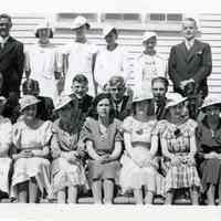          Mr. Johnson's Sunday School Class on the Congregational Church steps, 1936; Front Row (left to right):  Helen Damon, Florence McLauchlin, Blanch Morrison, Maxine Phinney, _?_, Rebecca Hobart, Ruth Hayward; Middle Row:  James Munson, Dyer Higgins, George 