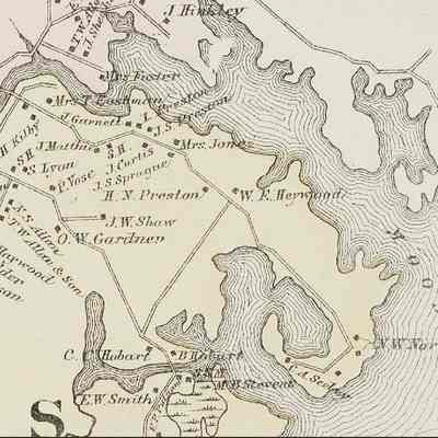 Little Falls, Edmunds, Maine: View of the tidal inlet at Little Falls, below the Preston Road, where Hobart Stream joins Cobscook Bay, in this detail from the Colby Atlas of Washington County, Maine, in1881.