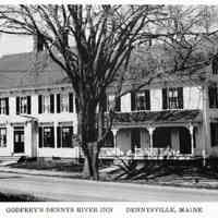         Dennys River Inn, Dennysville, Maine; Postcard Image of the hotel on the Lane, renamed the Dennys River Inn by Mr. and Mrs. Fred Johnson Jr. Robert and Hyla Godfrey were the next proprietors of the Inn, operating it from 1952 until 1969, and becoming well known for their delicious corn fritters and fine braided rugs.
   