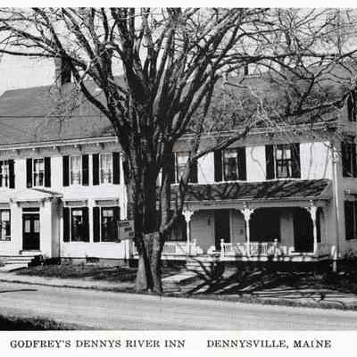Dennys River Inn, Dennysville, Maine: Postcard Image of the hotel on the Lane, renamed the Dennys River Inn by Mr. and Mrs. Fred Johnson Jr. Robert and Hyla Godfrey were the next proprietors of the Inn, operating it from 1952 until 1969, and becoming well known for their delicious corn fritters and fine braided rugs.