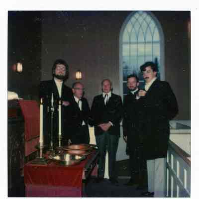 Characters in historical sketch for the sesquicentennial of the Congregational Church in Dennysville, 1980., 1980: Randall Plotts as the Reverend Mr. Crossett, Milton Lyons as the Reverend Mr. Stearns, Ned Sheahan as Deacon John Kilby, Harry Lingley as the Reverend Mr. Whittier, and Colin Cruickshank-Windhorst as the Reverend Mr. Sewall.