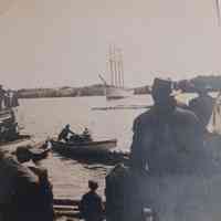          Launch of the David Cohen, July 25, 1918; On verso: Dad's first 4-master built for W &S Job of New York & Canada
   