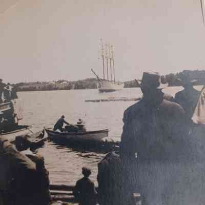 Launch of the David Cohen, July 25, 1918: On verso: Dad's first 4-master built for W &S Job of New York & Canada