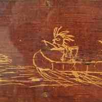          Deer Hunt on Brichbark; A birchbark etching of two Passamaquoddy hunters pursuing a deer that has been driven into the water, a frequently used practice for catching fast moving game.   Image by Tomah Joseph, 1837-1914, courtesy of the Wabanaki Heritage Museum in Indian Township, Maine.
   