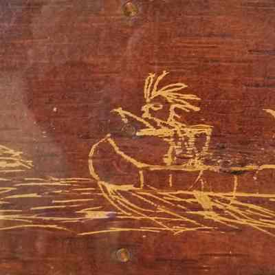 Deer Hunt on Brichbark: A birchbark etching of two Passamaquoddy hunters pursuing a deer that has been driven into the water, a frequently used practice for catching fast moving game.   Image by Tomah Joseph, 1837-1914, courtesy of the Wabanaki Heritage Museum in Indian Township, Maine.