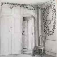          Thomas Lincoln's sketch of the south parlor at the Lincoln House in Dennysville, Maine, c. 1824; The view of a Queen Anne chair behind the south parlor door, looking into the front stair hallway where the main door of the Lincoln house with its elaborate brass knocker is clearly visible.
   