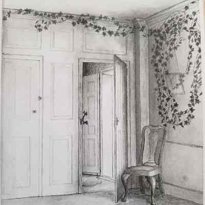 Thomas Lincoln's sketch of the south parlor at the Lincoln House in Dennysville, Maine, c. 1824: The view of a Queen Anne chair behind the south parlor door, looking into the front stair hallway where the main door of the Lincoln house with its elaborate brass knocker is clearly visible.