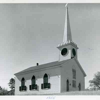 Congregational Church building in Dennysville, Maine, in 1955: View of the Dennysville Meetinghouse from the old Church driveway.
