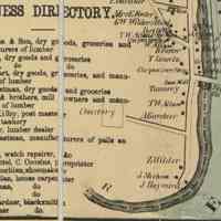          Dennysville's Business Directory in 1861; John Allan advertises dry goods and groceries at his store on Water Street across from Lyman Gardner's blacksmith shop, marked B.S.S. beside the Dennys River.
   