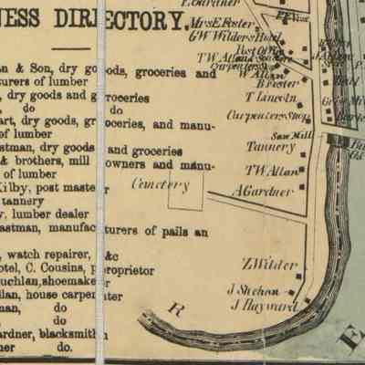Dennysville's Business Directory in 1861: John Allan advertises dry goods and groceries at his store on Water Street across from Lyman Gardner's blacksmith shop, marked B.S.S. beside the Dennys River.