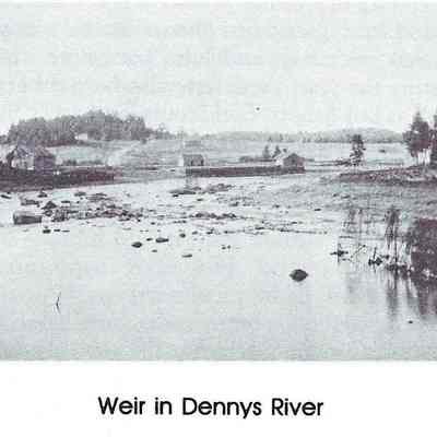 A Fish Weir in the Lower Dennys River in the late nineteenth century.: Image is reproduced from "Dennysville, 1786-1986 . . . and Edmunds, too!" by Rebecca W. Hobart