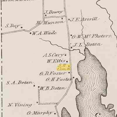 Murphy's Point School House and Cemetery in Cooper, Maine, 1881: Detail of the schoolhouse and cemetery at Murphy's Point in Cooper, from the Colby Atlas of Washington County, Maine published in 1881