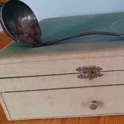 Cloth Covered Silver Storage Box With Large Ladle on Top.: Covered in faded green cloth, the  silver storage box is 10" x 8" x 4".