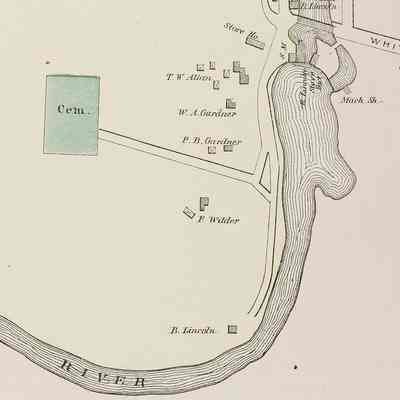 Cemetery Road in Dennysville Maine 1881: Piam Wilder, a direct descendent of Zenas and Hannah Wilder, a blacksmith who settled on the Shop Hill, on the Colby Atlas map of Dennysville in 1881.