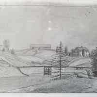          Thomas Lincoln's sketch of the Lincoln homestead and barn in Dennysville, Maine c. 1824; The image is a view from the road on the Edmunds side of the Dennys River, spanned by an early version of the Lower Bridge in the foreground, with tree stumps, fencing and an outbuilding in the distance.
   