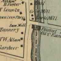          Mill House and buildings around Lincoln Mills and Dam on the Dennys River in 1861; Detail of Dennysville Village with houses and businesses located adjacent to the Lincoln Mills and Dam on the Dennys river, from the Washington County Topographical Atlas of 1861.  Teh Edmunds side of the river is shaded green.
   