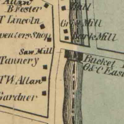 Mill House and buildings around Lincoln Mills and Dam on the Dennys River in 1861: Detail of Dennysville Village with houses and businesses located adjacent to the Lincoln Mills and Dam on the Dennys river, from the Washington County Topographical Atlas of 1861.  Teh Edmunds side of the river is shaded green.