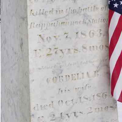 Inscription for Sergeant William Sheahan November 7, and his wife, Cordelia B., October 18, 1863: Town Cemetery, Dennysville, Maine