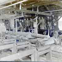          Interior of the Rotary Mill on the Dennys River; Millmen pose inside one of the two sawmills on the dam over the Dennys River in Dennysville, Maine.
   