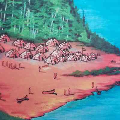 Ancestral Passamquoddy Village site on Meddybmps Lake: Artist's rendering of the ancient Passamaquoddy or Wabanaki village at the head of the Dennys River on Meddybemps Lake. Archeological evidence confirms the presence of ancestral tribal people here 9000 years ago.  Courtesy of Donald Soctomah with permission of the Tribal Historic Preservation Office.