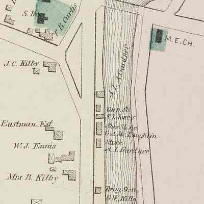 Shops and Stores along the Dennys River in 1881: By 1881 A.L.R. Garnder had acquired the former Union Store, next to the McLauchlin's shoe shop, as well as Kilby's old blacksmith shop.  By the late 1890s he had incorporated the remaining structures into his business as well.  Kilby's drugstore, formerly D.K. Hobart's drugstore, was to be removed by the turn of the century.