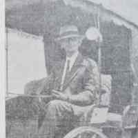          Bill Malloch retrieving the mail in 1935; Not only did Bill Malloch retrieve the mail in his buggy during his year's of service, 1904-1938, he also provided transportation from the Dennysville Station to those in need of a ride.
   