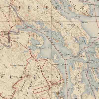 U.S.G.S map of Dennys Bay, 1945: Mahar's Point and Falls Island embrace the narrow channel through which flow the waters of the Dennys and Whiting Bays twice a day, called the Reversing Falls.