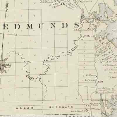 Map of Edmunds, from the 1881 Colby Atas of Washington County, Maine: Hobart Stream, designated as Little Falls River, flows from its source in Edmunds Pond, now Hobart Pond across the town of Edmunds.  The wildlands bordering the Stream were a significant source of lumber for the sawmill at Little Falls.