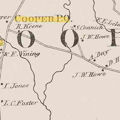 Sawmill, Post Office and Evergreen Cemetery in Cooper, Maine,: Detail from the town of Cooper in the Colby Atlas Map of Washington County, Maine, published in 1881.