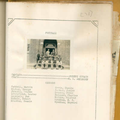 The image shows a vintage photograph of a football team sitting on steps in front of a brick building, with "FOOTBALL" printed above it and a list of team members below, where Robert McNair is noted as the captain and M.L. Anderson as the coach; the team included players Marvin Caddell, George Bishop, Weldon Johnson, Lester Litchfield, Joe Locklair, Robert McNair, Sammie Mitchum, Donnie Orvin, Junior Parker, Freer Reames, Charles Skipper, Wilfred Wilson, E.G. Wyndham, and Heyward Wyndham.