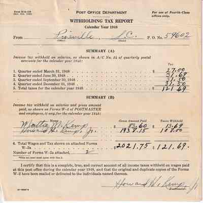 Withholding Tax Reports, 1948-1950, Pineville Post Office